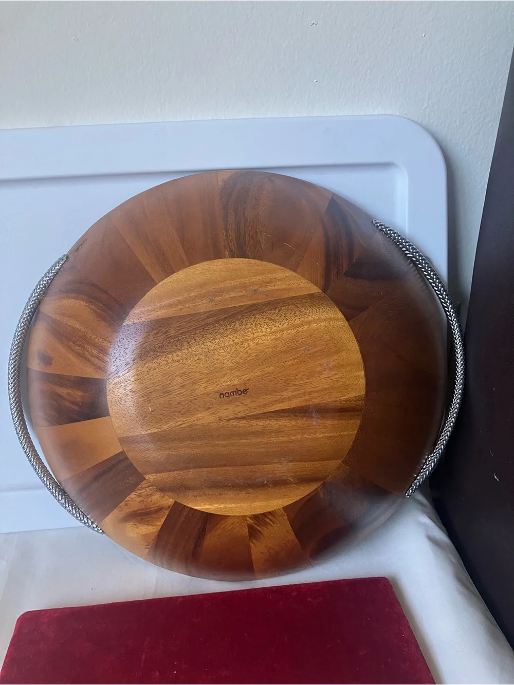 Nambe Braid Collection Large Oval Acacia Wood Handled Salad Serving Bowl USED.